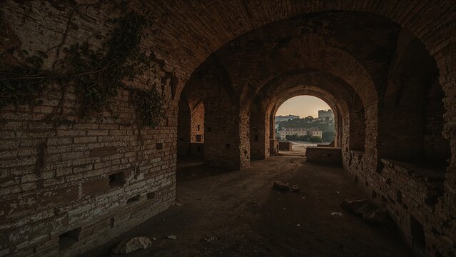 Abandoned brick tunnel with arches leading to a distant cityscape at sunset. Old structure and ruins. Urban decay and historical architecture. - Powered by Adobe