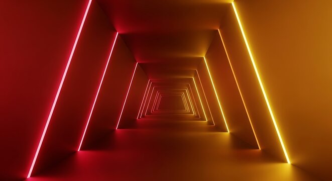 Infinite geometric neon light tunnel abstract futuristic background with red and yellow glow