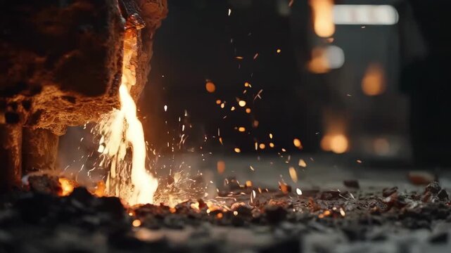 Medium shot highlighting the dynamic operation of molten iron production with sparks flying and heated metal flowing in an industrial setting.
