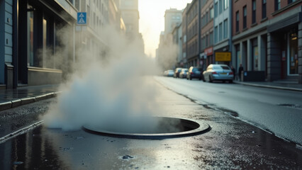 Dramatic steam from manhole cover in urban street with thick vapor and wet reflective asphalt