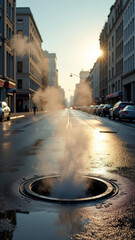 Dramatic steam from manhole cover in urban street with thick vapor and wet reflective asphalt