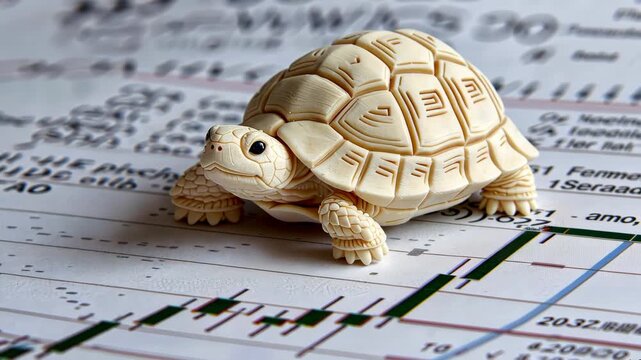 A small intricately carved turtle rests on detailed financial charts, highlighting the contrast between nature and data-driven analysis