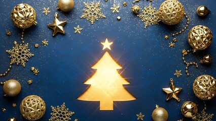 A christmas tree silhouette surrounded by golden ornaments and snowflakes on blue background