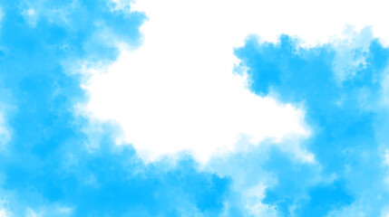Abstract blue watercolor paint splash forming a soft, cloudlike frame with a clear white center, creating a serene and artistic background, isolated on transparent background