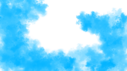 Abstract blue watercolor paint splash forming a soft, cloudlike frame with a clear white center, creating a serene and artistic background, isolated on transparent background