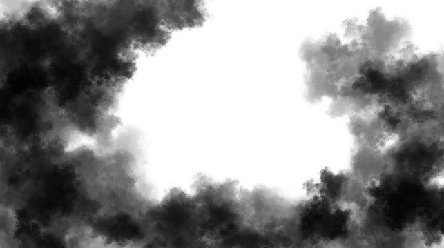 Dark smoke or cloud frame surrounding a bright white empty space, creating a dramatic and abstract border effect, perfect for overlays, backgrounds, or artistic use, isolated on transparent background