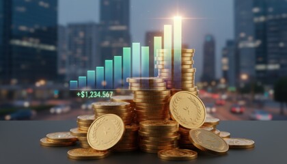 Stacks of gold coins with bright chart showing wealth investment growth and economic optimism in urban night scene