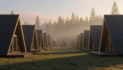 symmetrical a frame cabins in misty forest representing community retreat and calm nordic landscape dawn