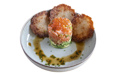 Salmon tartare with avocado, roe, and potato bread