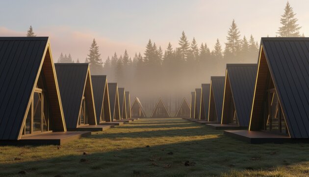 symmetrical a frame cabins in misty forest representing community retreat and calm nordic landscape dawn - Powered by Adobe