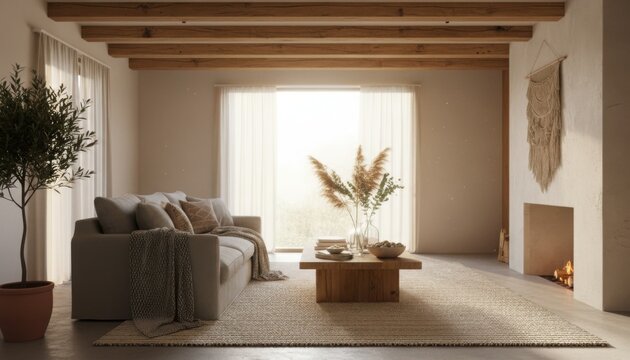 Sunlit boho living room with oak coffee table from France rustic beams and soft neutral palette - Powered by Adobe