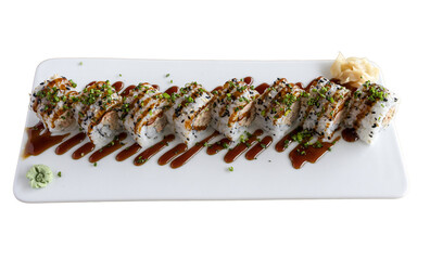 Fresh sushi rolls served on white plate