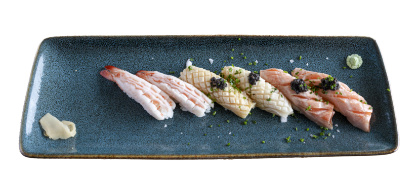 Fresh nigiri sushi platter with seafood and caviar