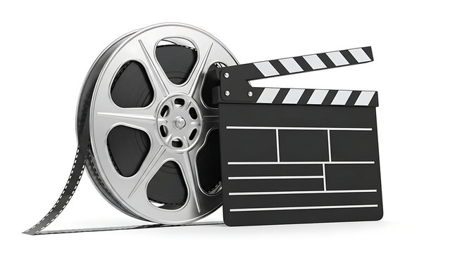 Essential elements of cinematic production featuring a classic film reel and a director's clapperboard isolated on a clean white background