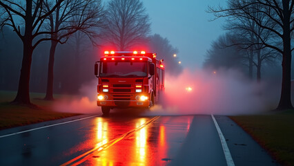 Cinematic firetruck spraying water on road at dusk with headlights reflecting on wet pavement and drifting mist
