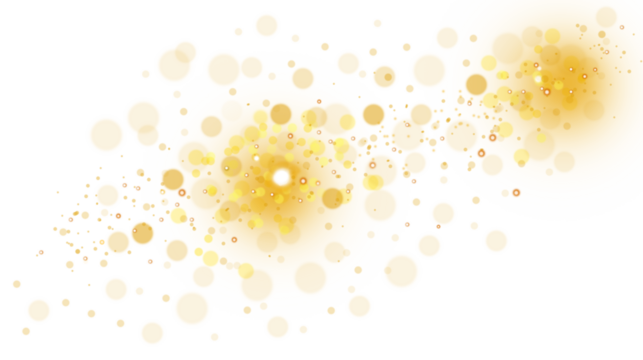 Abstract golden bokeh light particles and shimmering dust creating a celestial or magical effect, scattered across a transparent background, isolated on transparent background