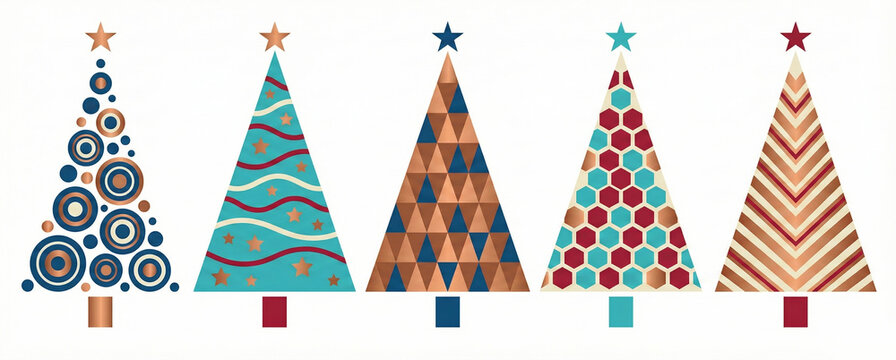 Stylized christmas trees vector collection featuring modern geometric patterns, stars, and abstract decorations, creating a festive holiday graphic design set