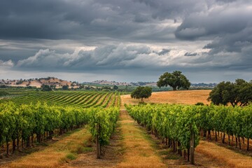 Fototapeta premium Serene Paso Robles Winery: Rustic Rows of Grapevines Underneath a Cloudy California Sky