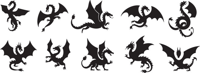 Majestic Dragons in Silhouette A Timeless Fantasy Illustration Collection