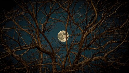 A full moon shining through the branches of leafless trees at night. © Lasvu