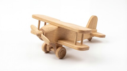 Handcrafted wooden toy airplane with propellers and landing wheels on a white background