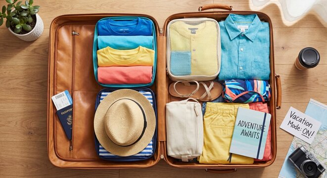 Open suitcase with neatly packed colorful clothes, accessories, and travel essentials on a wooden floor - Powered by Adobe