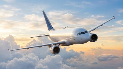 Obraz premium A sleek commercial airplane soaring through a vibrant sky with fluffy clouds and warm sunset hues