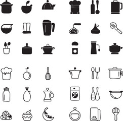 Many different kitchen utensils in solid black are placed on a white background