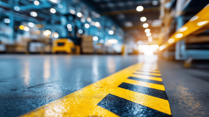 Naklejka premium Cold storage floor, anti-slip surface treatment, warehouse safety feature, logistics walking area, industrial flooring standard, temperature zone detail, textured concrete visible,