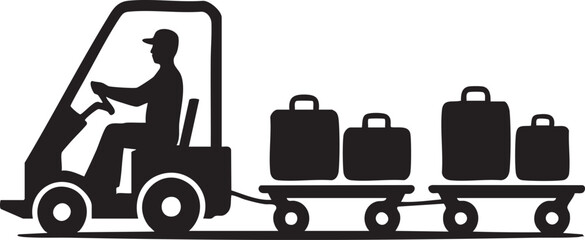 Silhouette man drives a luggage transporter pulling carts with suitcases in this vector