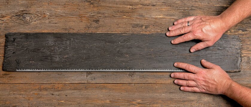 A artisan measures wood accurately with a ruler while preparing to craft a wooden project in a workshop setting