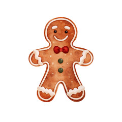 Watercolor gingerbread cookie figure with icing details, buttons, and a small bow tie. Cute cheerful holiday character. Perfect for greeting cards, stickers and holiday designs.