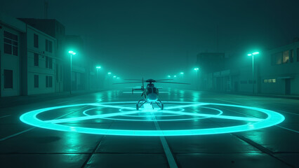 Vivid emergency helicopter landing pad with transforming turquoise tones on markings and perimeter lights