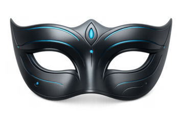 Black masquerade mask with blue futuristic accents, representing mystery, carnival, and elegant anonymity, on a transparent background