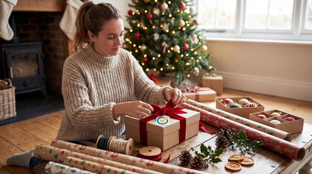 Woman wrapping Christmas gifts with festive decorations in a cozy living room