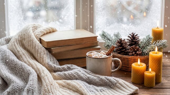 Cozy winter scene with books, candles, and a warm drink by the snowy window