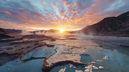 Sunup illuminates reflective pools and rugged salt flats terrain - Powered by Adobe