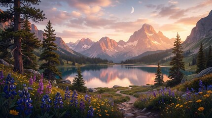 Fototapeta premium Serene mountain lake at sunset surrounded by wildflowers and evergreen trees with majestic peaks in the background