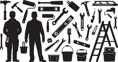 Silhouetted Handyman Figures with Tools for Construction and Home Improvement Projects