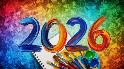 Vibrant abstract painting of the year 2026 in bold brushstrokes with art supplies and a rainbow color palette background