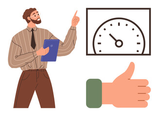 Bearded man holding a tablet points to a performance gauge while a thumbs-up illustrates approval. Ideal for success, evaluation, teamwork, progress, achievement, productivity, leadership. Balanced