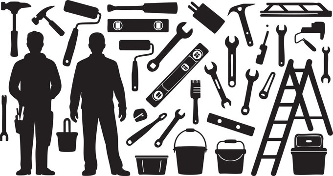 Silhouetted Handyman Figures with Tools for Construction and Home Improvement Projects