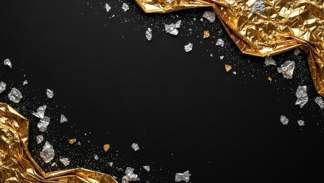Luxurious abstract background with crumpled gold foil and sparkling silver glitter scattered across a dark matte surface