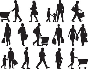 Silhouettes of People Shopping and Walking with Bags in Vector Format