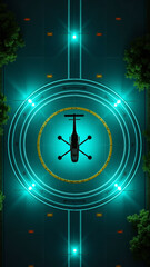 Vivid emergency helicopter landing pad with transforming turquoise tones on markings and perimeter lights