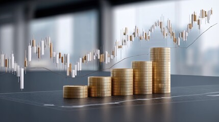 Stacked coins symbolize financial growth while a rising chart suggests an upward trend in market performance in a workspace