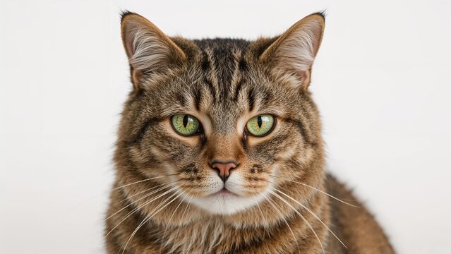 Close-up of a tabby cat with green eyes and detailed fur pattern. - Powered by Adobe