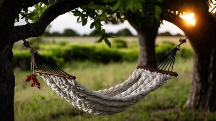 Relaxing hammock in garden surrounded by lush greenery and sunshine, creating peaceful outdoor retreat for rest, wellness, and nature connection