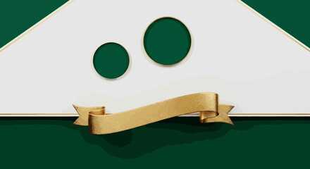 Elegant banner display with golden ribbon and geometrical shapes on green and white backdrop