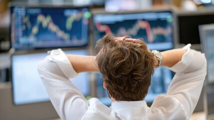 A man appears stressed, covering his face with his hands while analyzing graphs and data related to the global market